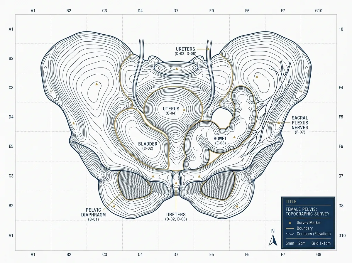 Illustrative survey-style map of sites where endometriosis is found