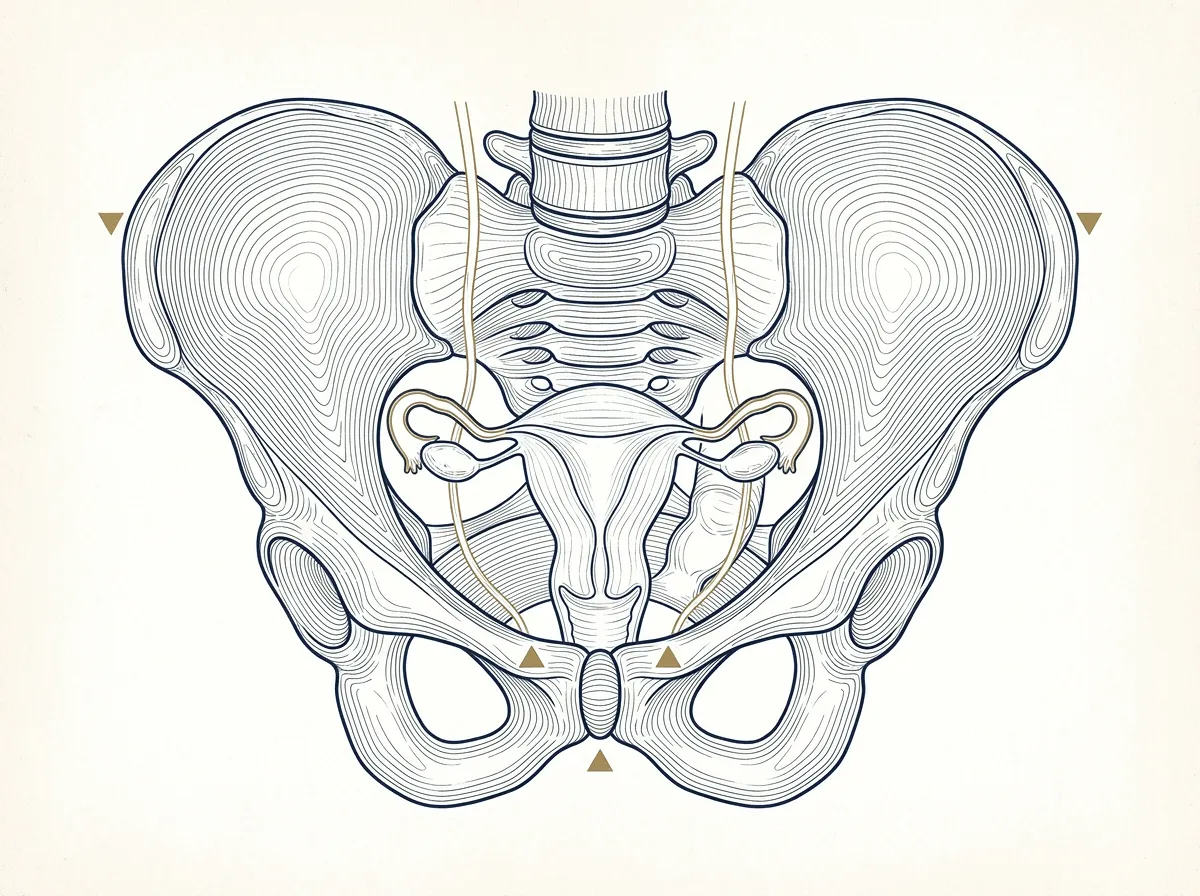 Schematic survey-style drawing of the female pelvis, showing the uterus, fallopian tubes, ovaries, ureters and sacrum